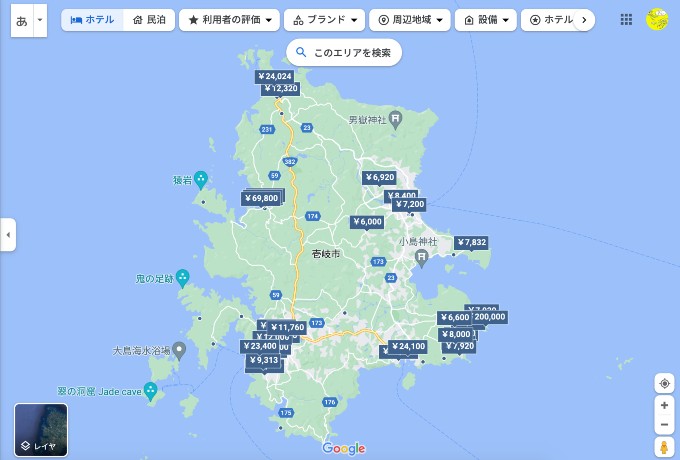 壱岐島のグーグルマップ